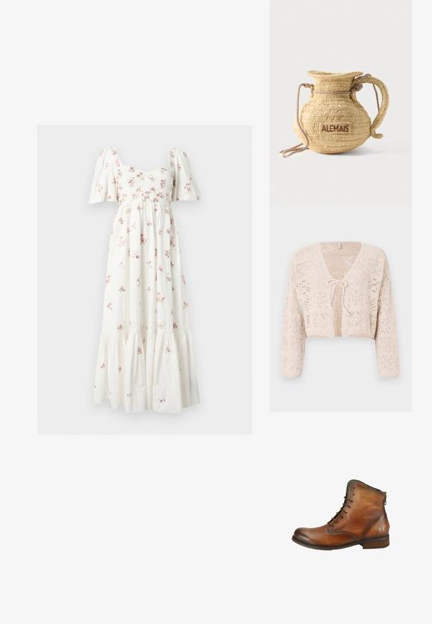 Gehaakt beige cardigan met open voorkant, lange mouwen en een striksluiting. Bevat geometrische patronen en een cropped ontwerp.; Witte midi-jurk met pofmouwen, een aansluitend lijfje en een kleine roze bloemenprint, met een geplooide, gelaagde rok.; Bruine leren enkellaars met veters aan de voorkant, lage hak, achterrits en vlinder reliëf vlakbij de hak op een witte achtergrond.; Ronde gevlochten strohandtas met een handvat van touw en "ALEMAIS" geborduurd aan de zijkant in bruine draad.