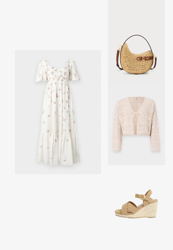 Hæklet beige cardigan med åben front, lange ærmer og båndlukning. Har geometriske mønstre og en cropped design.; Hvid midi kjole med puffede ærmer, tætsiddende bodice og lille pink blomsterprint, med en opsamlet lagdelt nederdel.; Beige velour kilesandal med krydsede frontstropper, ankelrem, guldfarvet spænde og flettet rebdetalje på hælen.; Vævet halmmulesæk med en buet form, brunt læderstrop med spænde og en naturlig tan farve. Tekstureret overflade med synlige sting.