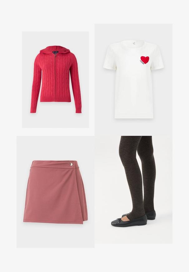 Sweat à capuche rouge en maille torsadée avec fermeture éclair, manches longues et bords-côtes aux poignets et à l’ourlet, sur un fond clair uni.; T-shirt blanc à manches courtes avec un cœur rouge et le mot "AMOUR" imprimé sur la zone gauche de la poitrine.; Jupe portefeuille courte en rose poussiéreux avec un petit bouton argenté près de la ceinture sur un fond clair uni.; Jambes portant des leggings côtelés foncés associés à des ballerines noires avec de petits détails en nœud sur fond blanc.