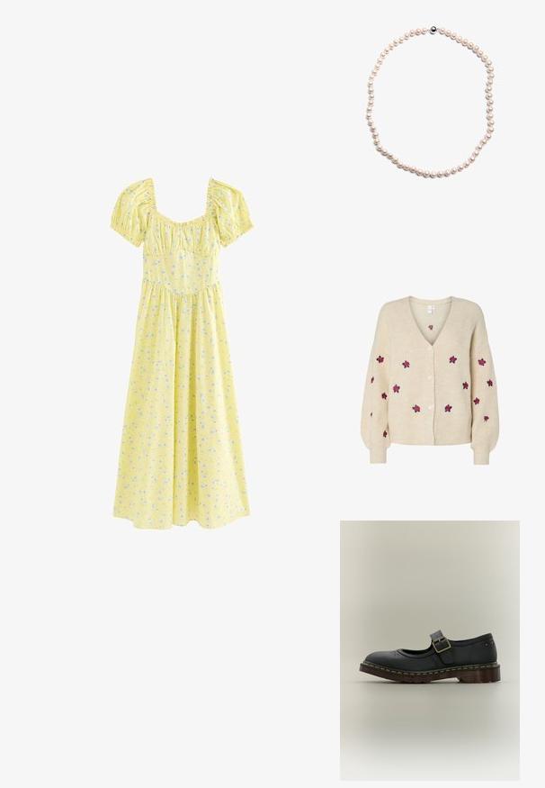 Cardigan en maille beige avec un col en V, texture côtelée, fermeture à cinq boutons à l'avant et roses brodées roses. Manches longues avec poignets ajustés.; Robe midi jaune avec manches courtes bouffantes, encolure carrée, buste froncé et petit imprimé floral bleu.; Chaussure Mary Jane en cuir noir avec bride à boucle, perforations florales décoratives et semelle épaisse marron avec surpiqûres jaunes.; Collier en perles de culture composé de perles rondes roses uniformes à la texture lisse, sécurisé par un fermoir en argent et une accentuation noire polie.