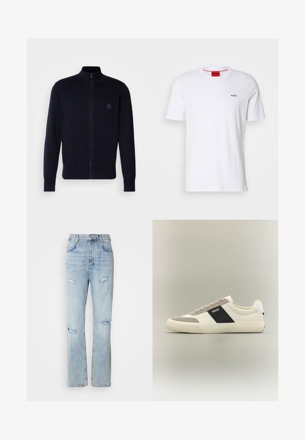 Marine blauwe cardigan met rits, gemaakt van een zachte breimateriaal, met een hoge kraag, lange mouwen en een klein vierkant logo op de borst.; Witte katoenen t-shirt met korte mouwen, een ronde halslijn en een klein zwart "HUGO" logo op de linkerkant van de borst. Voorzien van een rood etiket aan de binnenkant van de hals.; Licht gewassen denim jeans met een ontspannen pasvorm, voorzien van versleten plekken en rafelige randen. De stof heeft een zachte, gladde textuur.; Witte en lichtgrijze lage sneaker met zwart zijpaneel met "BOSS"-logo, textuurrubber zool en beige veters op een neutrale achtergrond.