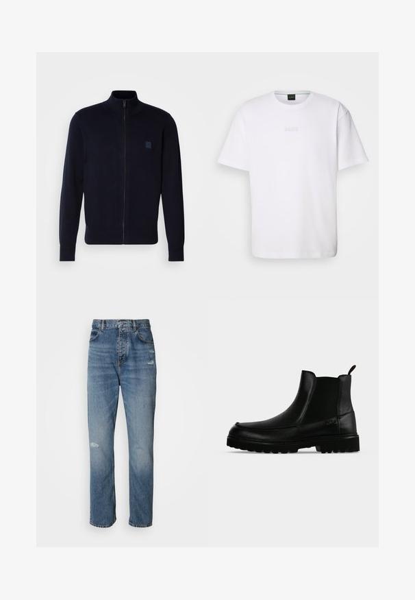 Cárdigan azul marino de cremallera fabricado en un material de punto suave, con un cuello alto, mangas largas y un pequeño parche de logo cuadrado en el pecho.; Camiseta de algodón blanca de manga corta, con escote redondo y logotipo grabado de "BOSS" en el pecho. Textura suave, ajuste estándar.; Jeans de mezclilla de color azul claro con un diseño de pierna recta, que cuentan con un cierre de botón y cremallera, cinco bolsillos y detalles deshilachados cerca de la rodilla.; Bota negra de cuero hasta el tobillo con suela texturizada, paneles laterales elásticos y pestaña de tirador sobre fondo gris claro.