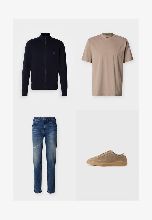 Marine blauwe cardigan met rits, gemaakt van een zachte breimateriaal, met een hoge kraag, lange mouwen en een klein vierkant logo op de borst.; Beige T-shirt met korte mouwen en een hoge ronde hals, met "BOSS"-logo op de kraag. Gemaakt van zachte stof met een gladde textuur.; Blauwe denim jeans met lichte vervaging en versleten plekken, vijfzakkenstijl, rechte pijpen, knoop- en ritssluiting.; Suède sneakers in lichtbruin met een rubberen zool. Voorzien van een vetersluiting en een minimalistische stijl, geaccentueerd door een witte hieltab.