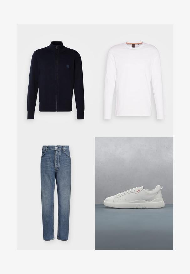 Cárdigan azul marino de cremallera fabricado en un material de punto suave, con un cuello alto, mangas largas y un pequeño parche de logo cuadrado en el pecho.; Camiseta de manga larga blanca de algodón. Presenta un cuello redondo y un pequeño logo en relieve en el lado izquierdo del pecho. Textura suave.; Vaqueros de mezclilla azul de corte recto con cintura alta, cierre frontal de botones y diseño de cinco bolsillos sobre un fondo claro y liso.; Zapatilla blanca con un acabado de cuero liso, punta redonda, cuatro ojales, perforaciones sutiles y un detalle de logo rojo en el lateral.