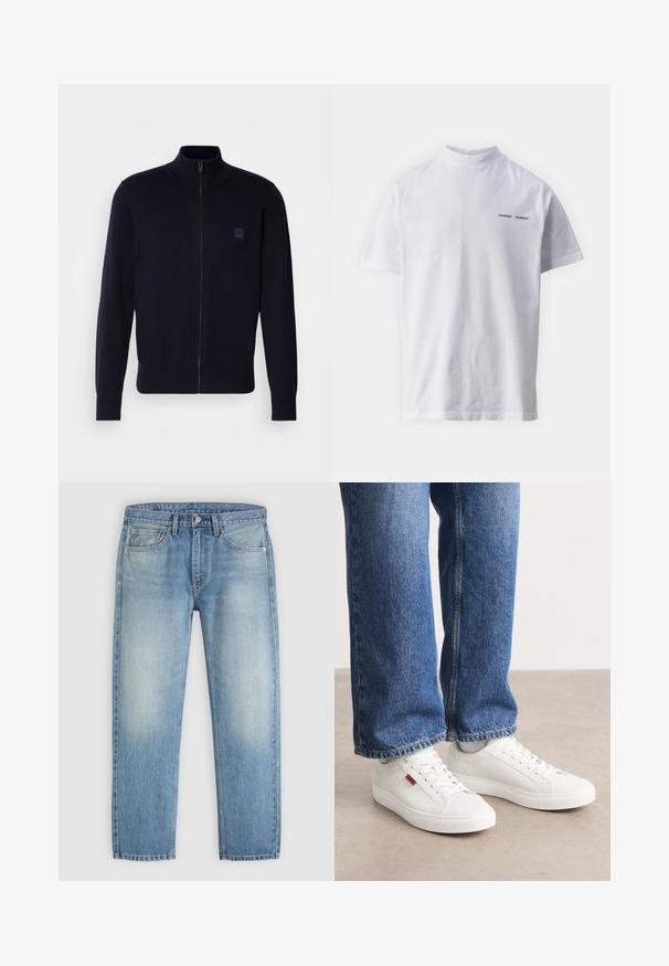 Navy zip-up neuletakki, joka on valmistettu pehmeästä neulomateriaalista ja jossa on korkea kaulus, pitkät hihat ja pieni neliön muotoinen logo-ompelu rinnassa.; Valkoinen puuvillateepaita, jossa on korkea kaula-aukko ja lyhyet hihat. Edessä musta "SAMSØE SAMSØE" -logo. Tasainen pinta.; Vaaleansiniset farkut, joissa on klassinen viiden taskun malli ja haalistuneita alueita reisissä, aseteltuna litteästi neutraalille taustalle.; Valkoiset tennarit, joissa on sileä pinta, pyöreä kärki ja litteä pohja. Yhdistettyinä sinisiin farkkuihin, joissa on suora malli ja näkyvät saumat.