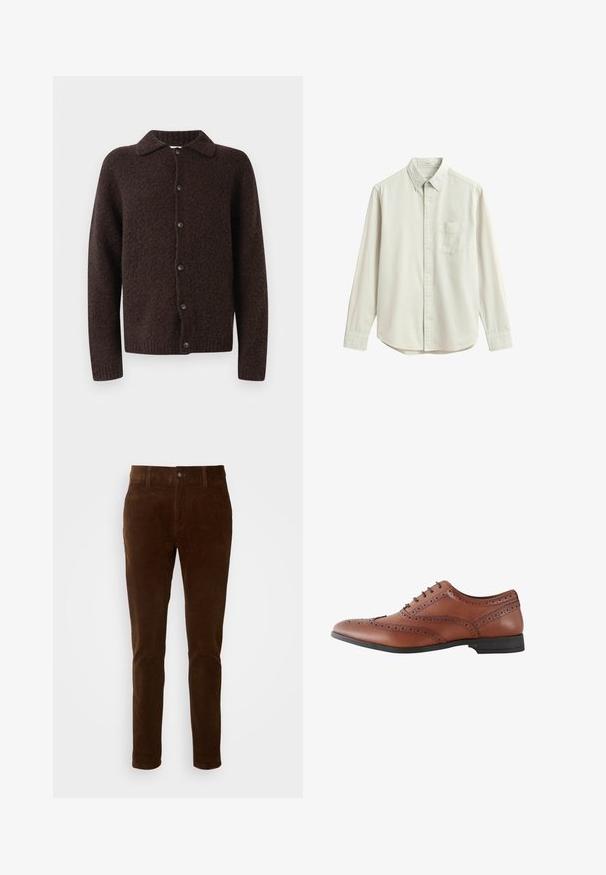 Cardigan de lana de color marrón oscuro, con botones, mangas largas, cuello y un acabado de tela suave y texturizada.; Camisa beige de manga larga con botones, bolsillo frontal en el pecho y cuello clásico, mostrada extendida sobre un fondo blanco.; Pantalones de pana marrones con un diseño de pierna recta, que cuentan con un cierre de botón y una sutil textura de costillas verticales.; Zapato de hombre brogue de cuero marrón con perforaciones decorativas y suela negra, mostrado en vista lateral.