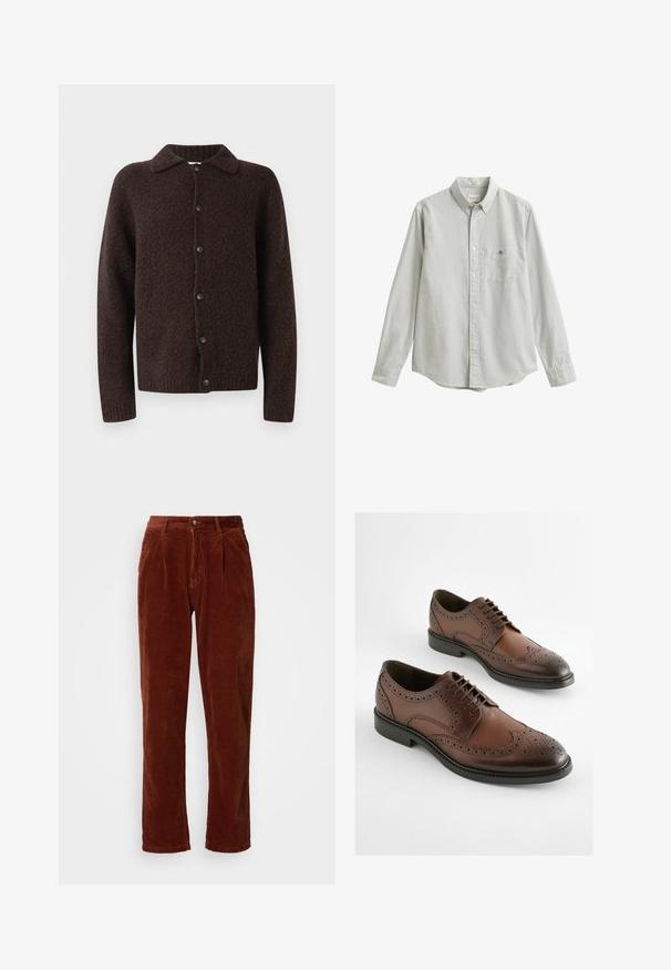 Cardigan de lana de color marrón oscuro, con botones, mangas largas, cuello y un acabado de tela suave y texturizada.; Camisa de manga larga con botones, rayas verticales en gris claro y blanco, con cuello, bolsillo en el pecho y puños abotonados.; Pantalones de pana en un color marrón intenso; presentan un frente plisado, piernas rectas y un cierre de botón en la cintura.; Zapatos derby de cuero marrón con diseño de brogue, punta afilada y suela de goma plana. Perforaciones intrincadas a lo largo de los bordes.