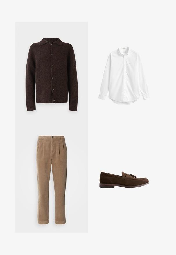 Cardigan de lana de color marrón oscuro, con botones, mangas largas, cuello y un acabado de tela suave y texturizada.; Camisa blanca de manga larga con botones, cuello, pequeño logo bordado en el pecho y bajo curvado.; Pantalones de pana marrones con un diseño de cintura alta, que presentan pliegues frontales, un cierre de botón y piernas rectas. Se puede ver la textura de la tela.; Mocasín de hombre marrón de ante con borlas, tacón bajo apilado y detalles cosidos sobre fondo blanco.