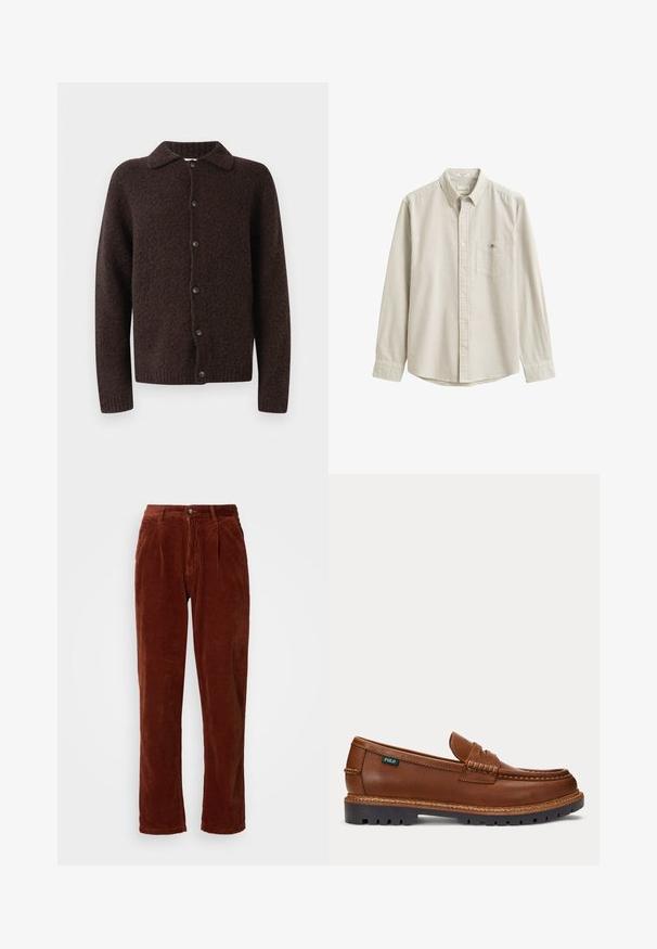 Cardigan de lana de color marrón oscuro, con botones, mangas largas, cuello y un acabado de tela suave y texturizada.; Camisa beige y blanca de rayas verticales, de manga larga, con botones, cuello y bolsillo en el pecho, presentada plana sin persona.; Pantalones de pana en un color marrón intenso; presentan un frente plisado, piernas rectas y un cierre de botón en la cintura.; Mocasín de cuero marrón con detalles cosidos, suela negra resistente y pequeña etiqueta "Polo" en el lateral.