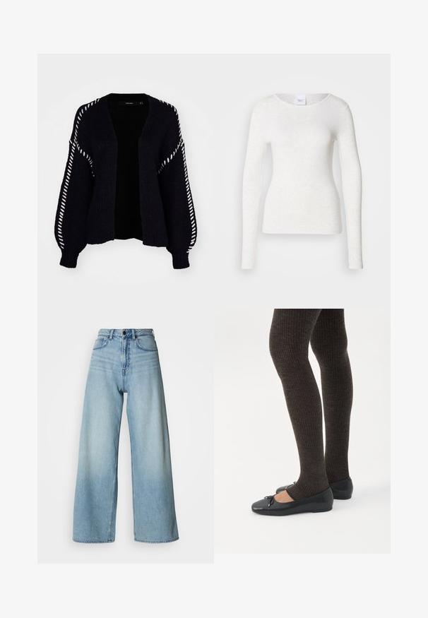 Vero Moda FENG LS V-NECK GA BOO - Gilet - black; T-shirt blanc à manches longues en tissu doux et léger avec un col rond et une coupe ajustée, présentant une texture subtile.; Jean bleu clair de style taille haute à jambes larges, en denim, avec un design à cinq poches et un délavage subtil pour la texture.; Jambes portant des leggings côtelés foncés associés à des ballerines noires avec de petits détails en nœud sur fond blanc.