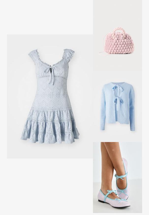 Suéter de canalé azul claro con escote redondo, apertura frontal con cierre atado y mangas largas. Textura suave con un ajuste relajado.; Vestido de encaje azul claro con un cuerpo ajustado, mangas con volantes, un escote atado y una falda acampanada de capas con patrones florales.; Zapatos de bailarina con un exterior de purpurina rosa, ribete y acentos de cuero azul, que cuentan con lazos en correas ajustables y un pequeño tacón negro.; Bolso de mano texturizado en forma de pom-pom rosa con un asa trenzada y una correa delgada. Forma redonda, superficie suave, diseño compacto.