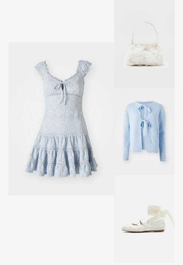 Suéter de canalé azul claro con escote redondo, apertura frontal con cierre atado y mangas largas. Textura suave con un ajuste relajado.; Vestido de encaje azul claro con un cuerpo ajustado, mangas con volantes, un escote atado y una falda acampanada de capas con patrones florales.; Bailarina blanca con flores bordadas, doble tira sobre el pie y lazos largos de cinta en el tobillo sobre un fondo liso.; Pequeño bolso blanco con rosas de tela que cubren su cuerpo y una delgada correa única como asa, sobre un fondo liso.