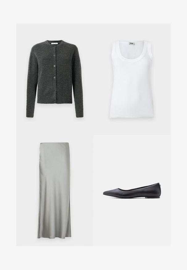Cardigan button-up gris foncé avec manches longues et col rond, fabriqué en tissu tricot doux et texturé.; Débardeur blanc côtelé sans manches avec encolure dégagée et étiquette de marque au dos du col, présenté sur un fond blanc uni.; Jupe maxi en satin gris clair avec une texture lisse et une fente sur le côté, conçue avec une coupe droite pour une silhouette fluide.; Chaussure plate en cuir noire à bout pointu avec petit talon, vue de profil sur fond blanc.