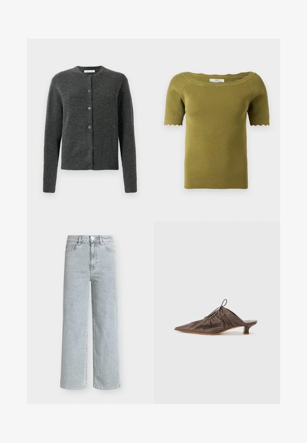 Cardigan button-up gris foncé avec manches longues et col rond, fabriqué en tissu tricot doux et texturé.; Haut court en maille côtelée vert olive à manches courtes avec bords de manches festonnés et encolure ronde large.; Jean large taille haute en denim léger avec des rayures verticales blanches et bleues. Comprend cinq poches et une fermeture à bouton à l'avant.; Mule en cuir marron avec un bout pointu, texture froncée, petit talon et un accent de cordon de serrage à l'ouverture. Fini lisse.