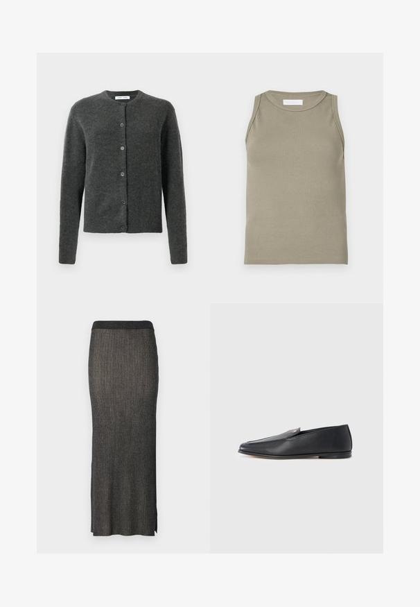Cardigan button-up gris foncé avec manches longues et col rond, fabriqué en tissu tricot doux et texturé.; Débardeur côtelé vert olive, avec un col rond et un design sans manches. Confectionné en matière douce et extensible avec une silhouette ajustée.; Jupe midi en tricot gris foncé avec des côtes verticales, une silhouette ajustée et des fentes à l'ourlet pour plus de liberté de mouvement. Tissu doux et texturé.; Mocassins en cuir noir à texture lisse, bout arrondi et détails de couture subtils. Ils présentent un accent logo doré sur le côté supérieur.