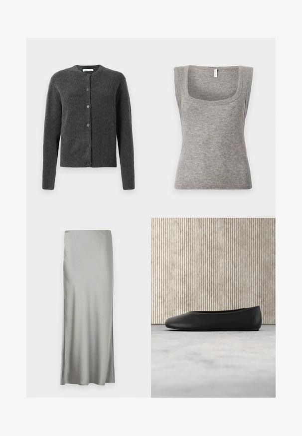 Cardigan button-up gris foncé avec manches longues et col rond, fabriqué en tissu tricot doux et texturé.; Débardeur gris sans manches en maille côtelée avec un décolleté carré et une silhouette ajustée, présentant une texture lisse et une légère élasticité.; Jupe maxi en satin gris clair avec une texture lisse et une fente sur le côté, conçue avec une coupe droite pour une silhouette fluide.; Ballerine en cuir noir avec un bout arrondi, texture lisse et un accent logo doré sur le côté. Placée au-dessus d'une surface réfléchissante.
