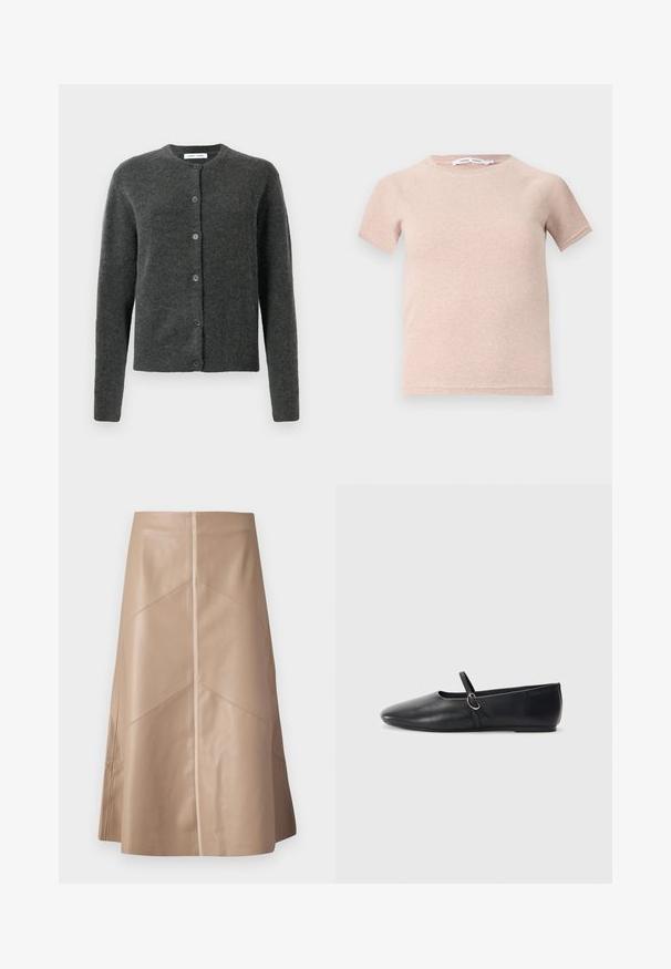 Cardigan button-up gris foncé avec manches longues et col rond, fabriqué en tissu tricot doux et texturé.; T-shirt à manches courtes rose clair en tissu côtelé, avec un col rond et une coupe décontractée. Design simple et sans couture.; Jupe A-line en simili cuir beige avec des détails de panneaux subtils et une finition mate lisse, longueur genou et taille haute.; Ballerines noires en cuir avec un bout pointu, une semelle plate et une petite sangle avec un détail de boucle en argent.