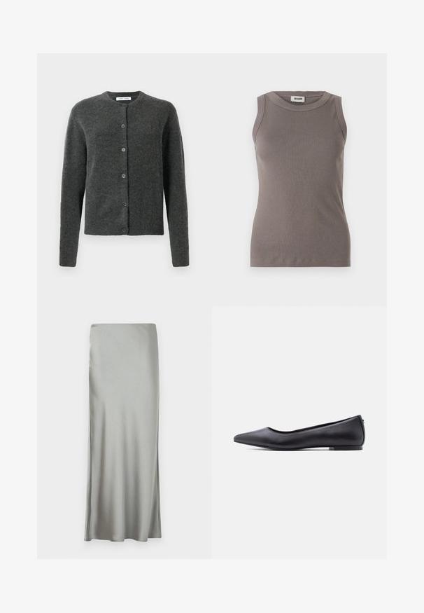 Cardigan button-up gris foncé avec manches longues et col rond, fabriqué en tissu tricot doux et texturé.; Débardeur gris côtelé avec un col rond et un design sans manches, fabriqué à partir d'un tissu doux et texturé. Silhouette simple et ajustée.; Jupe maxi en satin gris clair avec une texture lisse et une fente sur le côté, conçue avec une coupe droite pour une silhouette fluide.; Chaussure plate en cuir noire à bout pointu avec petit talon, vue de profil sur fond blanc.