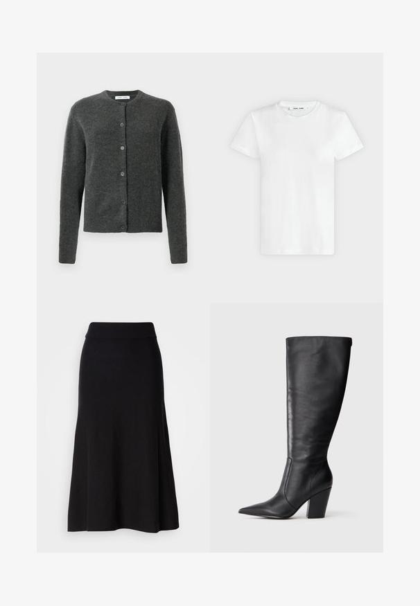 Cardigan button-up gris foncé avec manches longues et col rond, fabriqué en tissu tricot doux et texturé.; T-shirt blanc uni à manches courtes et col rond, posé à plat sur un fond gris clair, montrant le devant avec l'étiquette à l'intérieur du col.; Jupe évasée en tricot noir avec une large taille, longueur midi, texture lisse et sans motifs ni détails métalliques visibles.; Botte en cuir noire à hauteur de genou avec bout pointu et talon large, présentée en profil latéral gauche sur fond blanc.
