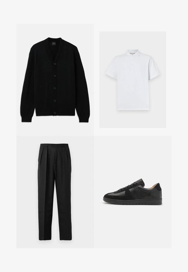 Zwarte gebreide cardigan met lange mouwen, geribbelde manchet, vijf voorknopen en V-hals, plat gelegd op een witte achtergrond.; Witte polo met korte mouwen, gemaakt van katoen, met een klassieke kraag en een drie-knopssluiting. Soepele textuur, geen patronen.; Zwarte geplooide broeken met een op maat gemaakte ontwerp, vervaardigd uit een gladde stof, met een knoopsluiting en een recht gesneden pijp.; Tiger of Sweden BELLICU - Sneakers laag - black
