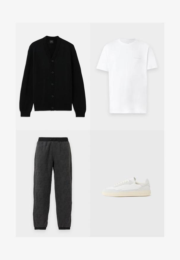 Cárdigan negro de punto con mangas largas, puños acanalados, cinco botones delanteros y cuello en V, colocado sobre un fondo blanco.; Camiseta de algodón blanca con mangas cortas, cuello redondo, con un sutil estampado de logo gris en la zona del pecho izquierdo y una textura suave.; Pantalones de chándal grises con una tela texturizada, que presentan un patrón de logotipos en toda la prenda, cinturilla elástica y puños elásticos en los tobillos.; Zapatilla blanca con parte superior texturizada de ante y cuero. Presenta una puntera redondeada, cierre con cordones y suela de goma beige contrastante.