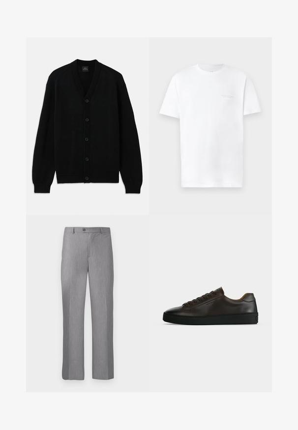 Schwarze Strickjacke mit langen Ärmeln, gerippten Bündchen, fünf vorderen Knöpfen und V-Ausschnitt, flach auf einem weißen Hintergrund ausgelegt.; Weißes Baumwoll-T-Shirt mit kurzen Ärmeln, Rundhalsausschnitt, mit subtiler grauer Logodruck auf der linken Brustseite und glatter Textur.; Grau maßgeschneiderte Anzughose mit Gürtelschlaufen, vorderem Knopf und Reißverschluss, mit geradem Bein-Schnitt.; Flach geschnittener dunkelbrauner Ledersneaker mit schwarzer Gummisohle, Schnürung vorne und schlicht-minimalistischem Design auf hellem Hintergrund.
