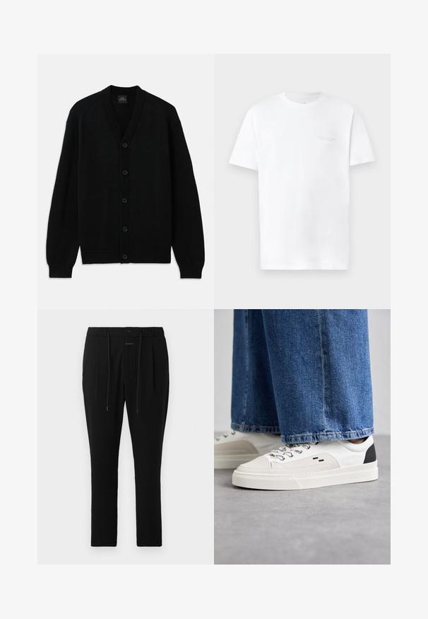 Zwarte gebreide cardigan met lange mouwen, geribbelde manchet, vijf voorknopen en V-hals, plat gelegd op een witte achtergrond.; Witte katoenen t-shirt met korte mouwen, ronde halslijn, met een subtiele grijze logo-afdruk op de linkerkant van de borst en een gladde textuur.; CLOSED VIGO TAPERED - Chino - dark night; Witte en zwarte sneakers met een glad leren bovenwerk, textuuraccenten en een chunky witte zool. Heeft een klassiek vetersluiting ontwerp.