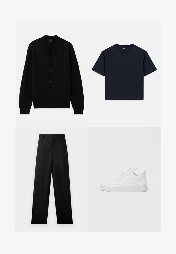 Schwarze Strickjacke mit langen Ärmeln, gerippten Bündchen, fünf vorderen Knöpfen und V-Ausschnitt, flach auf einem weißen Hintergrund ausgelegt.; Karinablaues T-Shirt mit kurzen Ärmeln aus Baumwolle. Rundhalsausschnitt, gerader Saum und minimale Markenkennzeichnung in der unteren linken Ecke.; Schwarze Baumwollhosen mit geradem Bein, ausgestattet mit einem vorderen Knopfverschluss und Seiten Taschen. Glatte Textur, keine Muster.; Weißer Ledersneaker mit abgerundetem Zehenbereich, flacher Sohle und Schnürverschluss. Verfügt über Nahtdetails und einen gepolsterten Kragen für zusätzlichen Komfort.