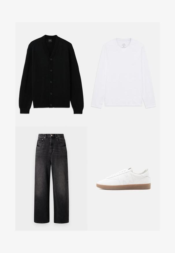 Schwarze Strickjacke mit langen Ärmeln, gerippten Bündchen, fünf vorderen Knöpfen und V-Ausschnitt, flach auf einem weißen Hintergrund ausgelegt.; Weiße Langarmshirts mit Rundhalsausschnitt und Armani Exchange-Logo im Nacken, Größe M.; Schwarze Jeans aus Denim mit lockerer Passform, hoher Taille, fünf Taschen und sichtbarem Knopfverschluss. Sie verfügen über dezente Verblassung und ein gerades Bein-Design.; Weißer Sneaker in niedriger Ausführung mit Gummisohle, gesteppten Overlays und Schnürverschluss auf neutralem Hintergrund.