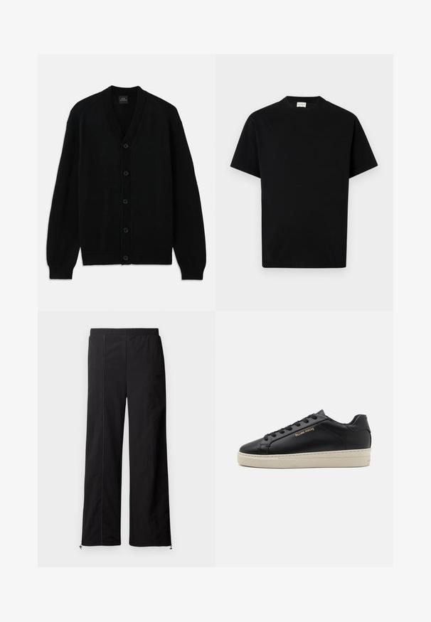 Schwarze Strickjacke mit langen Ärmeln, gerippten Bündchen, fünf vorderen Knöpfen und V-Ausschnitt, flach auf einem weißen Hintergrund ausgelegt.; Schwarzes Baumwoll-T-Shirt mit rundem Ausschnitt, kurzen Ärmeln und geradem Schnitt. Keine sichtbaren Muster oder Hardwaredetails.; Schwarze weit geschnittene Hosen mit glatter Textur, elastischem Bund und Kordelzugverschluss an den Knöcheln. Verfügt über kontrastierende Steppnähte.; Schwarze Leder-Sneaker mit glatter Oberfläche, kontrastierender cremefarbener Sohle, abgerundeter Spitze, goldfarbenem Logo an der Seite und sechs Ösen für die Schnürsenkel.
