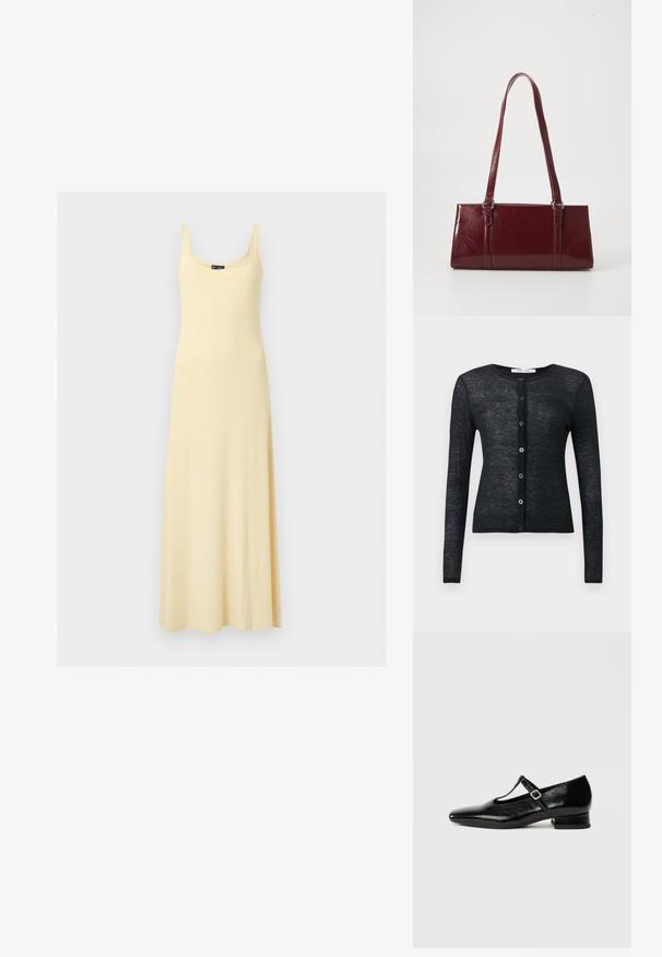 Cardigan noir à manches longues, boutonné, avec encolure ronde et texture en tricot fin, présenté sur un fond uni.; Robe maxi jaune clair sans manches avec encolure dégagée, corsage ajusté et jupe fluide sur fond uni.; Chaussures Mary Jane en cuir noir avec bout pointu, petit talon carré et bride ajustable avec une boucle argentée. Texture lisse et brillante.; Sac à main bordeaux en matériau brillant, de forme rectangulaire, avec deux anses et des accents légèrement courbés à l'avant.
