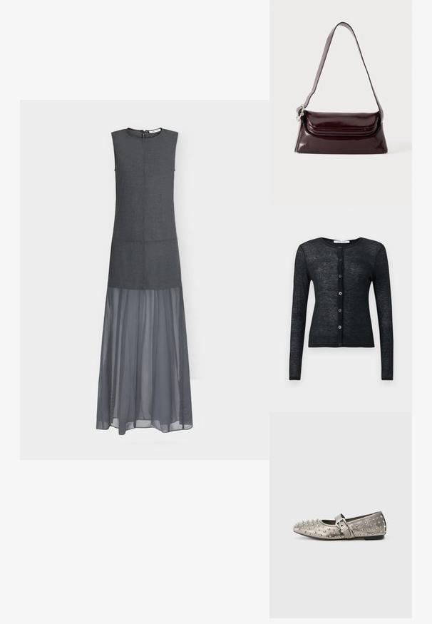Cardigan noir à manches longues, boutonné, avec encolure ronde et texture en tricot fin, présenté sur un fond uni.; Robe sans manches gris foncé avec un corsage ajusté et une longue jupe en chiffon transparent s'étendant du milieu de la cuisse jusqu'à la cheville.; Chaussure plate grise à bout rond, ornée de clous métalliques, avec une sangle latérale présentant un détail de boucle en argent. Texture lisse.; Sac à bandoulière en cuir bordeaux foncé avec fermeture à rabat et une fine sangle réglable, présenté sur un fond clair uni.