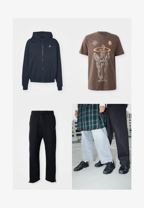 Marineblå hættejakke med lynlås i blødt stof, med kengurulomme, ribbet kant ved ærmerne og et hvidt Jordan-logo på venstre bryst.; Brun bomulds-T-shirt med et hvidt kontur grafik af en bevinget statue, Nike-logo og abstrakte former i orange, med korte ærmer og rund hals.; Sorte træningsbukser med elastisk linning og snoretræk, har sidelommer, smalle ben og lynlåse ved anklerne. Glat tekstur.; Sorte atletik sko med mesh- og gummidetaljer. Båret med lysegrå vide jeans og en ternet grøn bluse. Flad overflade i baggrunden.
