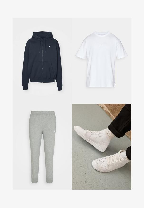 Marineblå hættejakke med lynlås i blødt stof, med kengurulomme, ribbet kant ved ærmerne og et hvidt Jordan-logo på venstre bryst.; Hvid bomulds T-shirt med korte ærmer og rund hals. Har et lille, diskret Nike-logo på brystet og et sidelabel.; Grå sweatpants lavet af blødt stof, med tapered ben design, elastisk talje og lille hvid Nike-logo på venstre lår.; Hvide høj-top sneakers lavet af glat læder med perforeret tå, snørelukning og subtil logo detaljer på siden. Tekstureret gummisål.