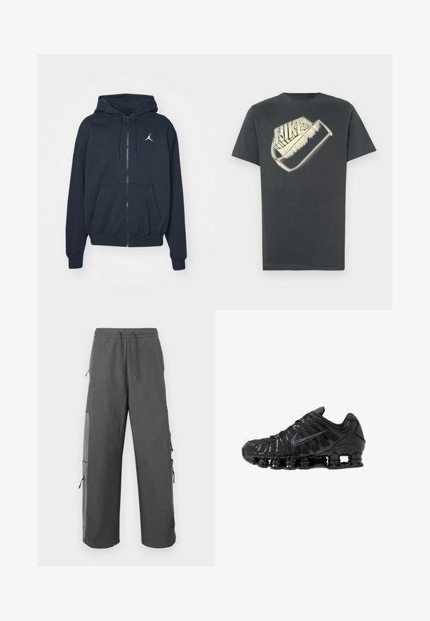 Marineblå hættejakke med lynlås i blødt stof, med kengurulomme, ribbet kant ved ærmerne og et hvidt Jordan-logo på venstre bryst.; Mørkegrå T-shirt lavet af bomuld med rund halsudskæring. Har en stor, stiliseret "Nike"-logo i en lysere farve på forsiden.; Mørkegrå cargobukser med elastik i taljen, snøre, sidelommer og mesh-detaljer, med en løs og afslappet pasform.; Sorte atletikskoser lavet af mesh og syntetiske materialer, med et karakteristisk bølget design, sort gummisål og reflekterende detaljer.