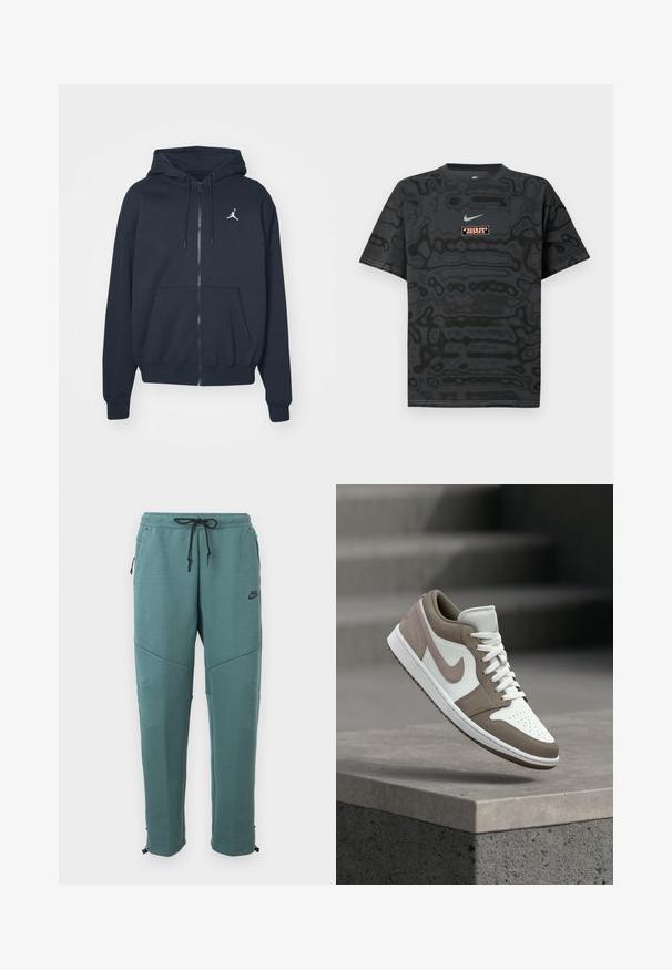 Marineblauwe hoodie met rits van zachte stof, voorzien van een kangoeroezak, geribbelde manchetten en een wit Jordan-logo op de linkerborst.; Zwart T-shirt met een gestructureerd patroon, met een klein Nike-logo in lichtblauw en een rechthoekige logopatch in contrasterende kleuren.; Turquoise Nike joggingbroek met een zwarte tailleband met trekkoord, zijzakken met rits, kniepanelen en taps toelopende pijpen met verstelbare manchetten.; Witte en taupe lage sneaker met veters, tussenzool en Nike swoosh die boven een betonnen richel zweeft, met trappen op de achtergrond.