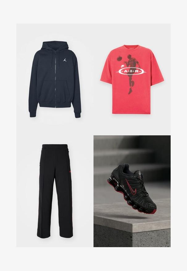 Marineblå hættejakke med lynlås i blødt stof, med kengurulomme, ribbet kant ved ærmerne og et hvidt Jordan-logo på venstre bryst.; Rød bomulds-t-shirt med rund hals, løs pasform og et grafisk tryk af en basketballspiller med teksten "Jordan" og Nike-logo.; Svarte sweatpants med løs pasform, der har røde detaljer og lommer på siderne. Materialet ser blødt ud med en glat tekstur.; Sort og rød Nike atletiksko med synlig fjederlignende sål balancerende på kanten af et betontrin.