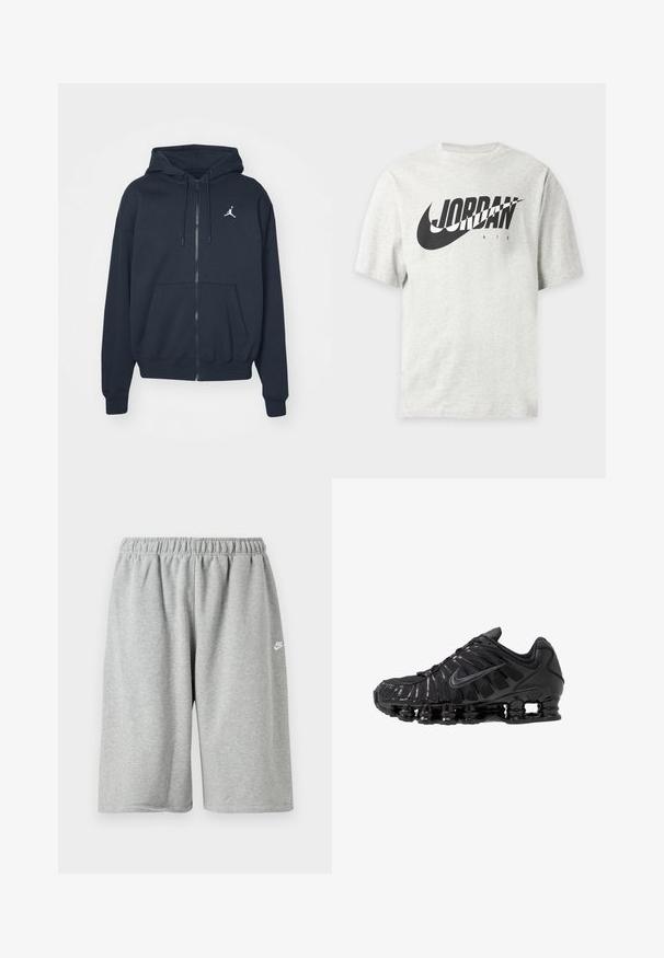 Tumesinist lukuga kapuutsiga pusa pehmest kangast, millel on kängurutasku, soonikkoes mansetid ja vasakul rinnal valge Jordani logo.; helehall lühikeste varrukatega T-särk musta Nike logoga ja "JORDAN AIR" tekstiga ees.; Hallid puuvillased püksid elastse vöökoha ja lahtise lõikega, väike valge logo ääre lähedal. Sile tekstuur, pikkus üle põlve.; Mustad võrgu- ja sünteetilisest materjalist sportlikud jalanõud, millel on eriline laineline disain, must kummist talla ja peegeldavad lisandid.