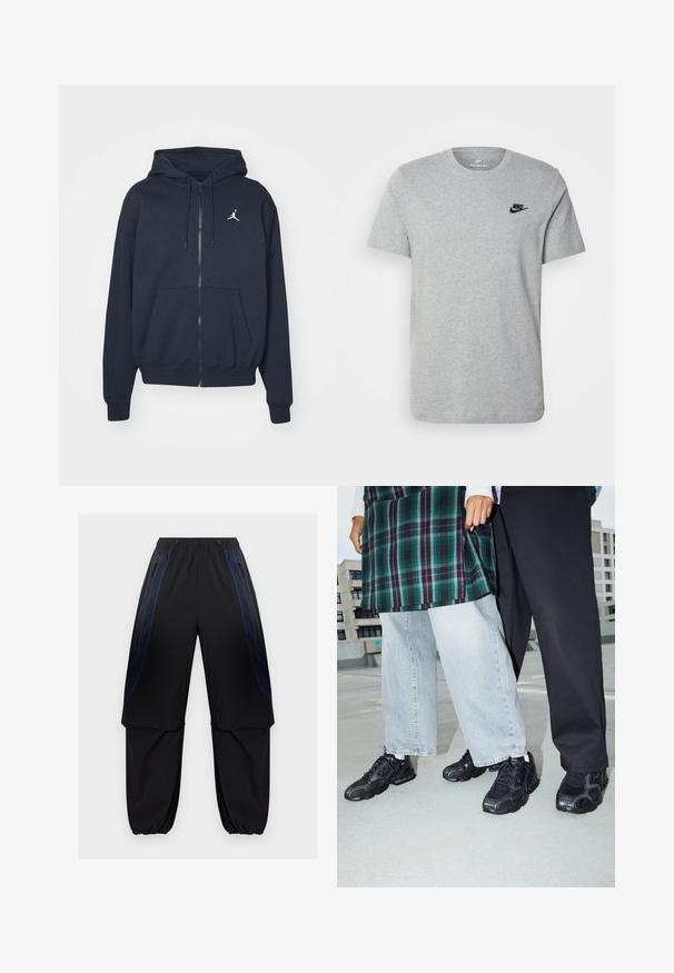 Marineblauwe hoodie met rits van zachte stof, voorzien van een kangoeroezak, geribbelde manchetten en een wit Jordan-logo op de linkerborst.; Grijze T-shirt met korte mouwen van katoen, voorzien van een zwart Nike-logo op de borst en een ronde halslijn. Minimalistisch ontwerp zonder patronen.; Zwarte en donkerblauwe cargobroek met elastische tailleband en boorden, voorzien van ritssluitingen aan de zijkanten en gelaagde stofpanelen op de dijen.; Zwarte sportieve schoenen met mesh- en rubberaccenten. Draagt een lichtgrijze wijde spijkerbroek en een groen geruit shirt. Effen achtergrond.