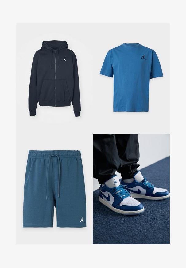 Marineblauwe hoodie met rits van zachte stof, voorzien van een kangoeroezak, geribbelde manchetten en een wit Jordan-logo op de linkerborst.; Blauw T-shirt met korte mouwen en een ronde hals, met een klein zwart basketbalspeler-logo op de linkerborst bovenaan.; Blauwe katoenen shorts met een elastische tailleband en verstelbare trekkoord. Heeft een wit Jumpman-logo aan de onderkant links.; Nike Air Jordan sneakers hebben een witte leren basis met blauwe synthetische accenten, een geperforeerde neusdoos en blauwe veters.