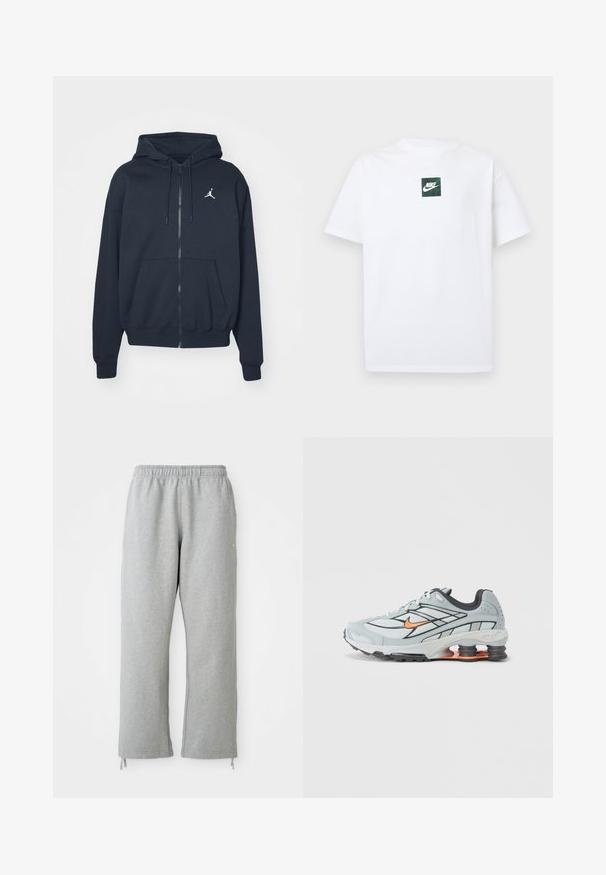 Marineblå hættejakke med lynlås i blødt stof, med kengurulomme, ribbet kant ved ærmerne og et hvidt Jordan-logo på venstre bryst.; Hvid Nike T-shirt med korte ærmer og et lille grønt firkantet logo med Nike swoosh og tekst centreret på brystet.; Grå sweatpants med elastisk talje, lige ben og snoretræk ved kanten. Fremstillet af blødt, struktureret stof.; Lyst grå løbesko med sorte detaljer, orange logo, mesh-overdel, polstret krave og gummisål med synlige stødabsorberende enheder.