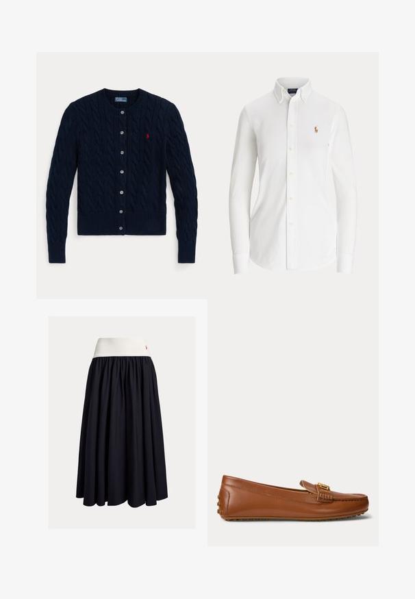 Marineblauwe kabelgebreide cardigan met lange mouwen, knoopsluiting aan de voorkant, geribde boorden en zoom, en een klein rood geborduurd logo op de borst.; Witte blouse met lange mouwen, knopen, een button-down kraag en een klein geborduurd logo van een polo-speler op de borst.; Rok tot op de knie in donkerblauwe stof met een witte elastische tailleband. Voorzien van een geplooid ontwerp en een klein rood logoaccent.; Bruine leren loafer met een gouden gespdetail, rubberen zool met gripnoppen op de hak en onderkant.