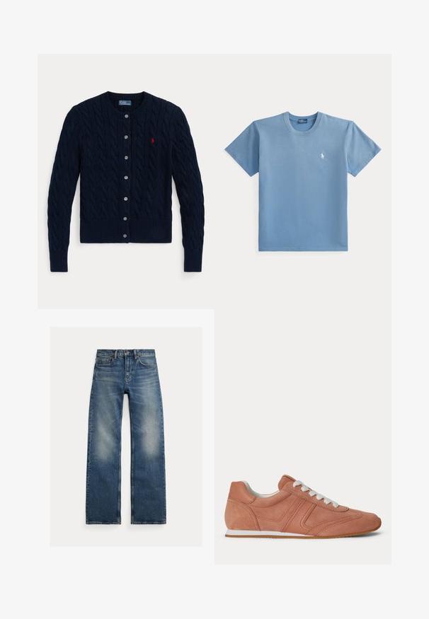 Marineblå kabelstrikket cardigan med lange ærmer, knaplukning foran, ribstrikkede manchetter og kant samt lille rødt broderet logo på brystet.; Enkel blå kortærmet t-shirt med rund hals og lille hvid broderet logo på venstre bryst.; Blå jeans med lige ben og falmede områder på lårene, fem-lommer design og knaplukning, lagt fladt på en hvid baggrund.; Lavprofileret støvet lyserød sneaker med hvide snørebånd, syet design og tynd hvid sål med tan gummiydersål.