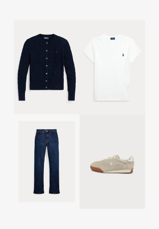 Marineblauwe kabelgebreide cardigan met lange mouwen, knoopsluiting aan de voorkant, geribde boorden en zoom, en een klein rood geborduurd logo op de borst.; Witte T-shirt met korte mouwen en V-hals, met klein marineblauw Polo Ralph Lauren-logo op de linkerborst.; Donkerblauwe straight-leg spijkerbroek met knoop en rits aan de voorkant, ontwerp met vijf zakken en zichtbare stikseldetails.; Beige suède sneaker met witte veters, bruine rubberen zool en klein geborduurd logo aan de zijkant, gezien vanuit de buitenkant.