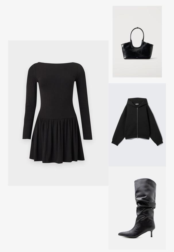 Black zip-up hoodie with long sleeves, front pockets, and a hood, displayed on a plain light gray background.; Black long-sleeve dress with fitted bodice and gathered flared skirt, featuring a wide square neckline on a plain background.; Black mid-calf leather boot with pointed toe and thin kitten heel, featuring a slouched design around the ankle.; Black glossy leather handbag with a large oval handle and subtle logo on the front against a plain light background.