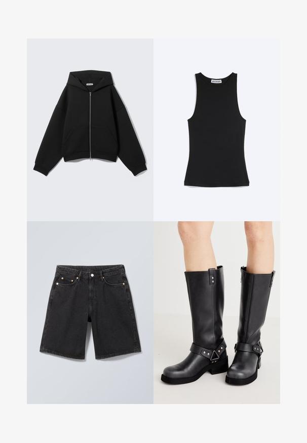 Black zip-up hoodie with long sleeves, front pockets, and a hood, displayed on a plain light gray background.; Black sleeveless fitted tank top with round neckline and weekday brand label at the back collar, on a white background.; Black denim shorts with front button, belt loops, and five-pocket design, displayed on a neutral gray background.; Black leather knee-high boots with a wide shaft, strap detailing, silver hardware, and a flat sole. Smooth texture with a slight sheen.
