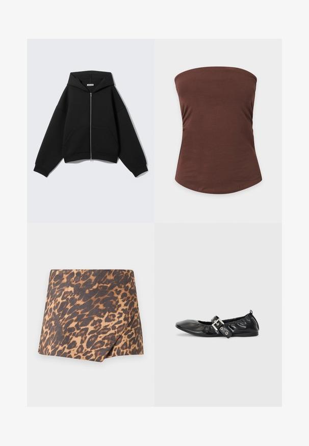 Sweat à capuche zippé noir, manches longues, poches avant et capuche, présenté sur un fond uni gris clair.; Top bandeau marron en tissu lisse avec une coupe ajustée sur un fond uni gris clair.; Jupe mini en imprimé léopard avec un chevauchement diagonal à l'avant, motif marron et noir sur un tissu beige, ourlet droit.; Chaussure plate en cuir noir avec un nez pointu, des détails froncés autour de l'ouverture et un accent en boucle argentée sur la bride ajustable.