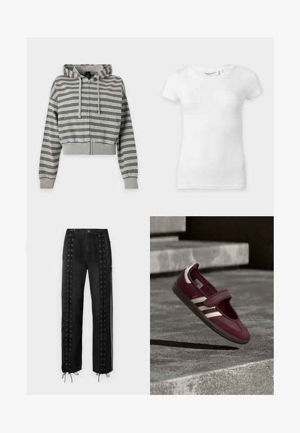 Gray hooded zip-up sweatshirt with black horizontal stripes, drawstrings, front pockets, and ribbed cuffs and hem.; Plain white short-sleeve fitted t-shirt with a round neckline, displayed on a flat surface.; Black denim pants featuring side panels with lace-up detailing, eyelet accents, and adjustable drawstrings at the hem. Straight-cut design.; Maroon athletic shoe with a strap, white side stripes, textured rubber sole, and a smooth upper material. Adjustable fit with cushioned interior.