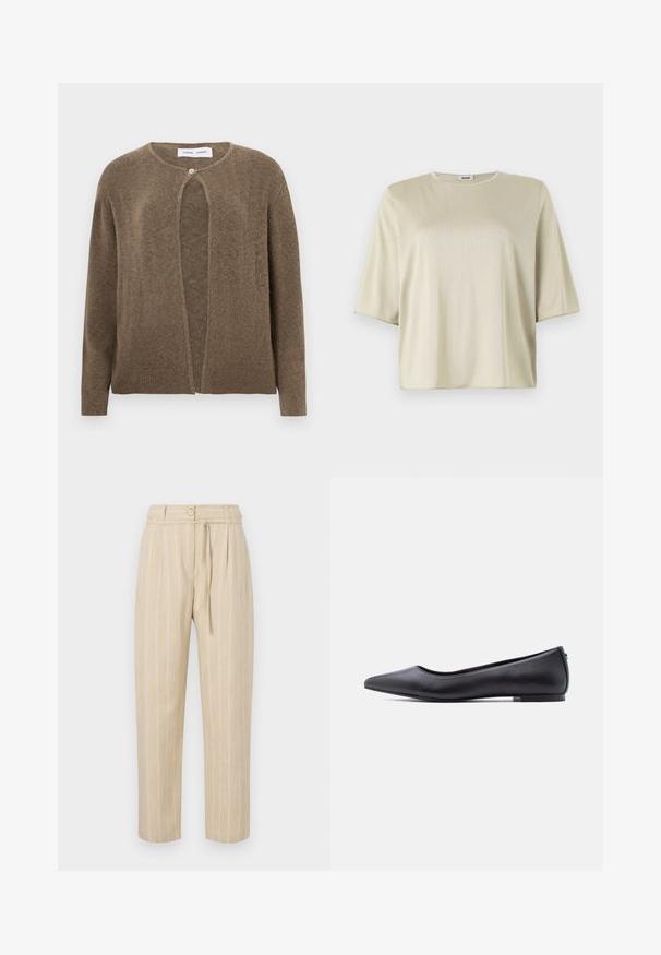 Cardigan ouvert marron avec un col rond et des manches longues. Présente une fermeture à un bouton et des poignets et un ourlet côtelés. Texture douce.; T-shirt à manches courtes, loose fit en beige clair, avec un col rond et une texture douce, fabriqué à partir d'un matériau léger et lisse.; Pantalon beige à rayures avec une coupe décontractée, présentant une taille cintrée, une fermeture à bouton et une ceinture à nouer, fabriqué à partir d'un tissu léger.; Chaussure plate en cuir noire à bout pointu avec petit talon, vue de profil sur fond blanc.