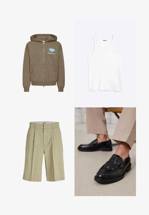 Sweat à capuche marron zippé avec capuche à cordon, poches avant et logo brodé en bleu et blanc sur la poitrine. Texture douce.; Débardeur blanc sans manches avec col rond et étiquette de la marque Weekday à l'intérieur du col arrière, présenté à plat sur un fond clair.; Short beige jusqu'aux genoux, taillé sur mesure, avec passants de ceinture et plis à l'avant, affichant un design classique et structuré.; Mocassins en cuir noir avec une finition lisse, ornés d'une sangle décorative et de coutures contrastées, associés à un pantalon beige.